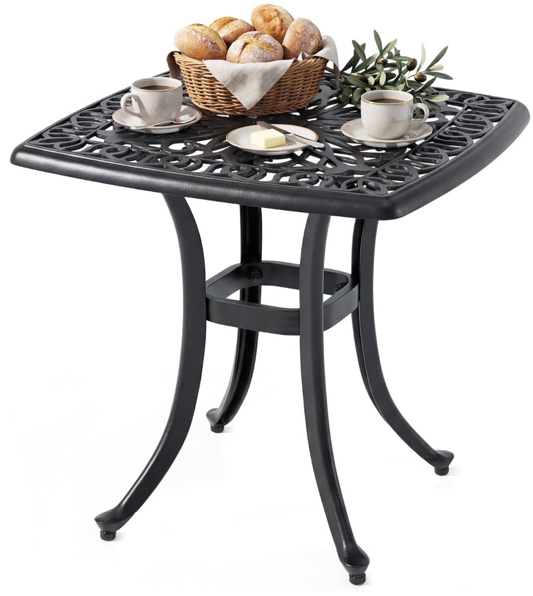 SureDeal® - Tuintafel - Buitenbijzettafel Gegoten Aluminium - Geïntegreerd Gat - Parasol - 54x54x53 cm - Zwart