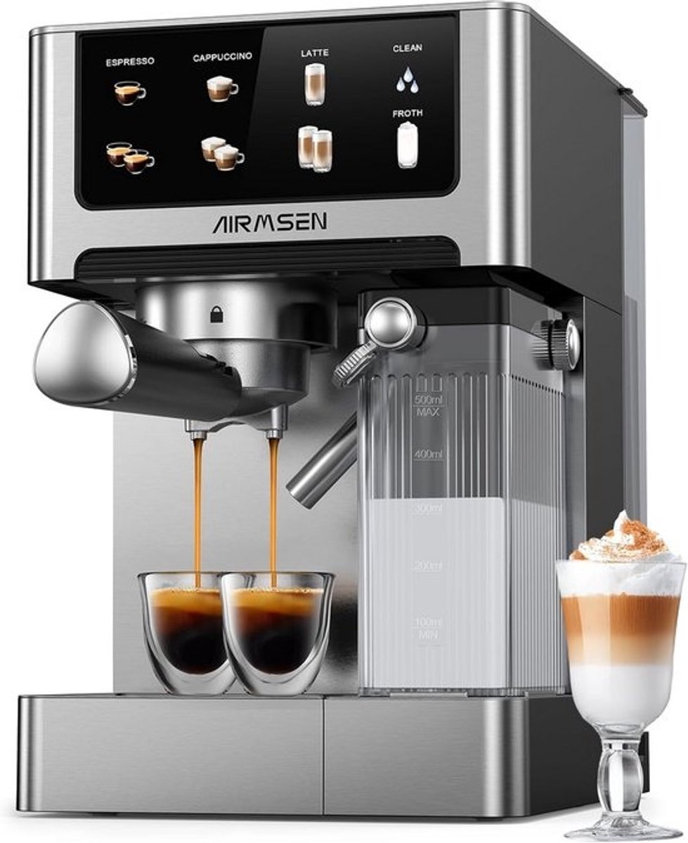 Espressomachine 20 bar met dubbele boiler - cappuccino & latte - 1350 W/1000 W - 15 seconden extractie - roestvrijstaal - uitneembare watertank 1,8 L