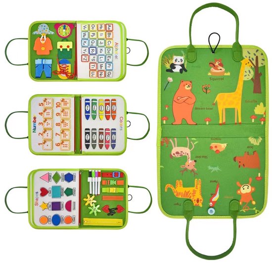 Montessori Activiteitenboek Dieren, Voel‑en‑doek Busy Board Boek - Leer Veter Strikken en Klok Lezen - Draagbaar Educatief Motoriek Speelgoed Voor Kinderen - Perfect Voor Thuis en Op Vakantie - Groen — afbeelding 2