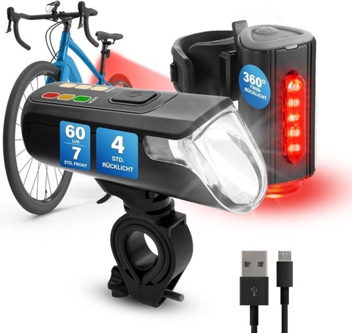 USB Fietsverlichting Set LED Voor en Achter - 60 Lux Sterk en Veilig