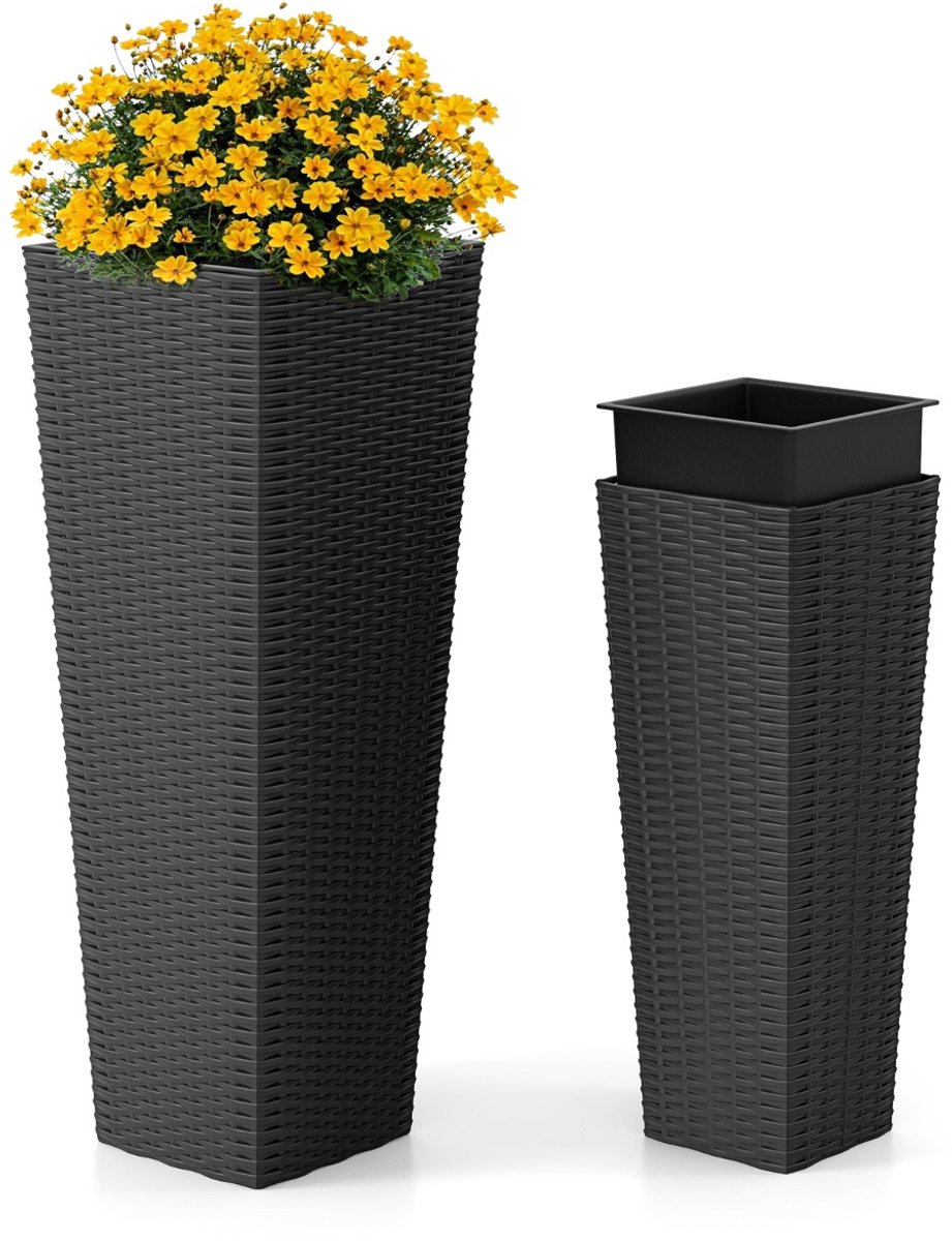 SureDeal® - Plantenbak - Rotan Grote Grote - Uitneembare Binnenbak - Drainagegat - 30x30x82 cm - Zwart