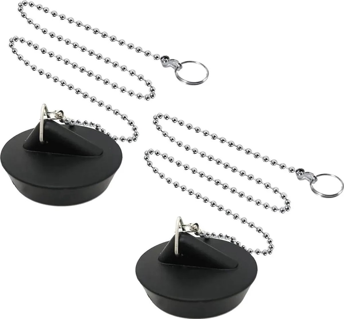 Set van 2 - Afvoerstoppen Geschikt voor gootsteen - Diameter 42-45 mm - Geschikt voor ketting van 40 cm - Universeel type - Rubber - Zwart
