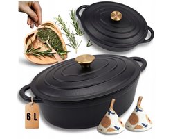 Hage - Gietijzeren Braadpan - Braadpan - Kookpan - Stoofpan - Stoofpan met Deksel - Geëmailleerd - Geschikt voor Inductie & Dutch Oven - 6 Liters - 34 x 26 x 18 cm - Mat Zwart