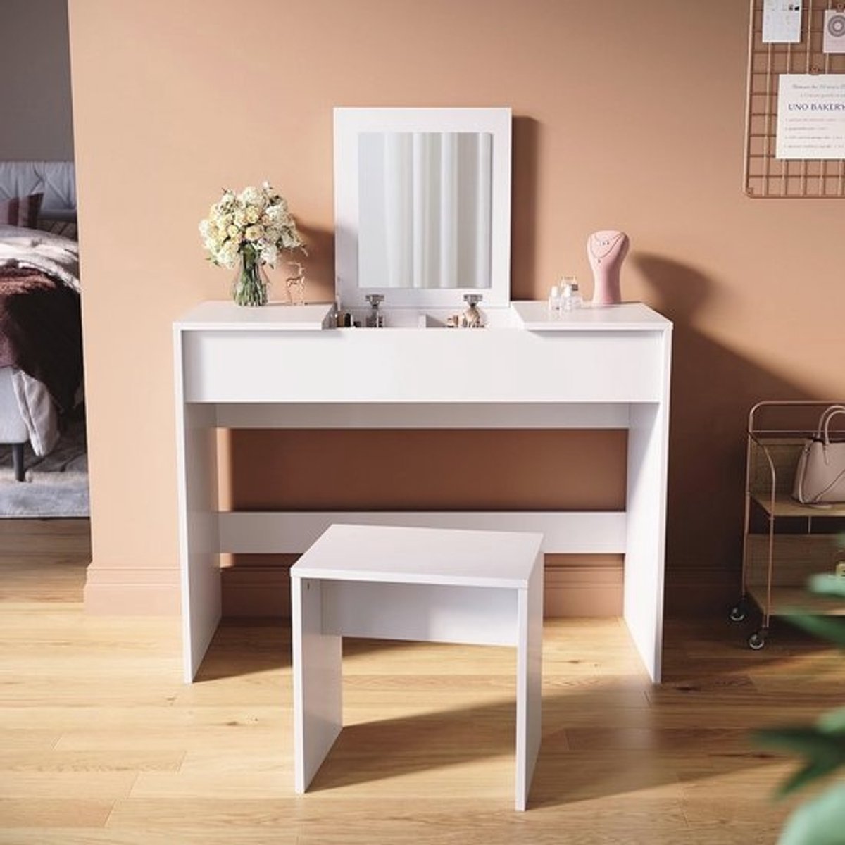 Make-uptafel met opklapbare spiegel en kruk | 2-in-1 Kaptafel Bureau Design | Wit 100 x 45 x 76 cm