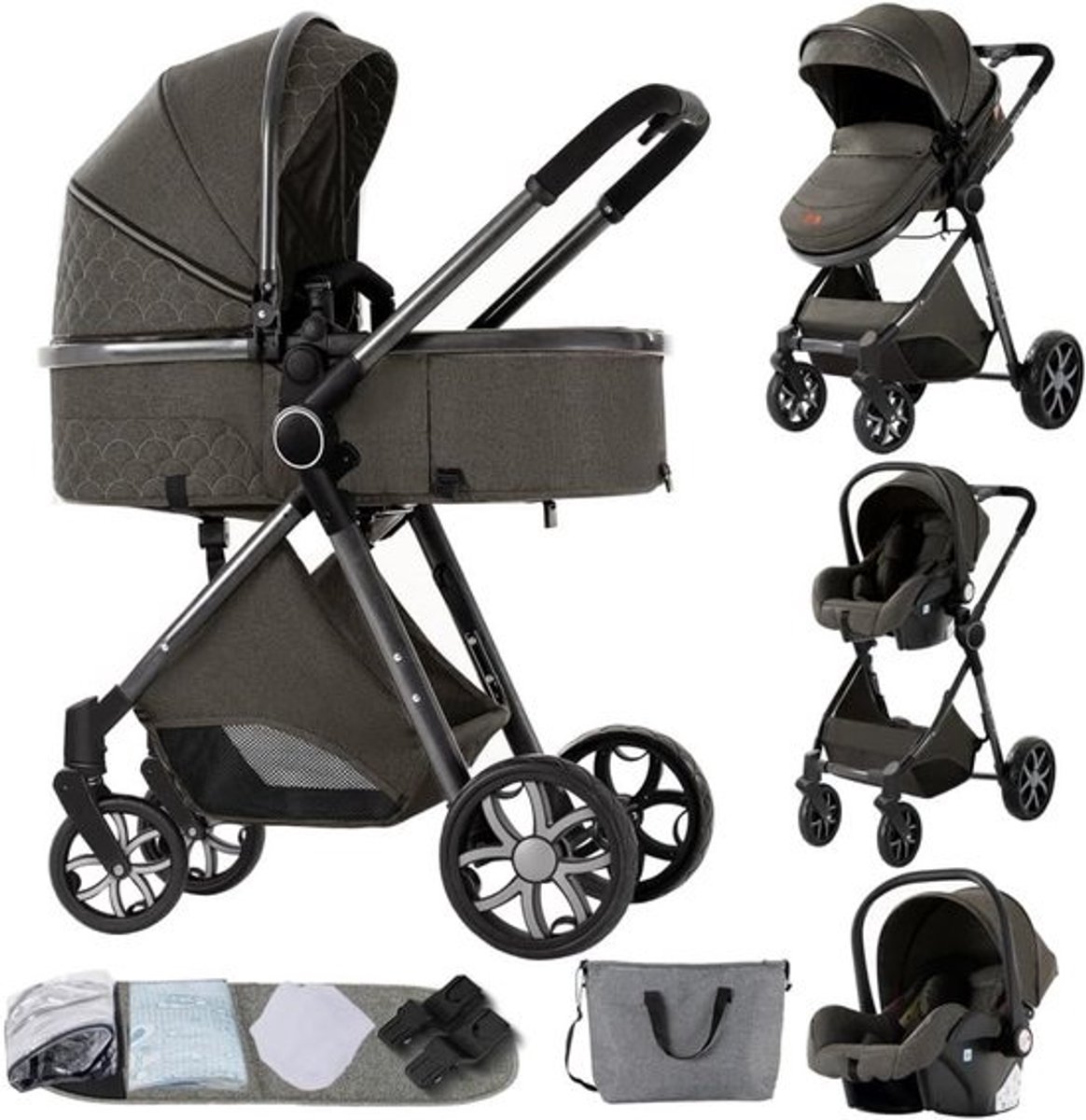 3-in-1 Kinderwagen met Omkeerbare Stoel en Rijke Accessoires – Opvouwbare Grote Buggy in Donkergrijs