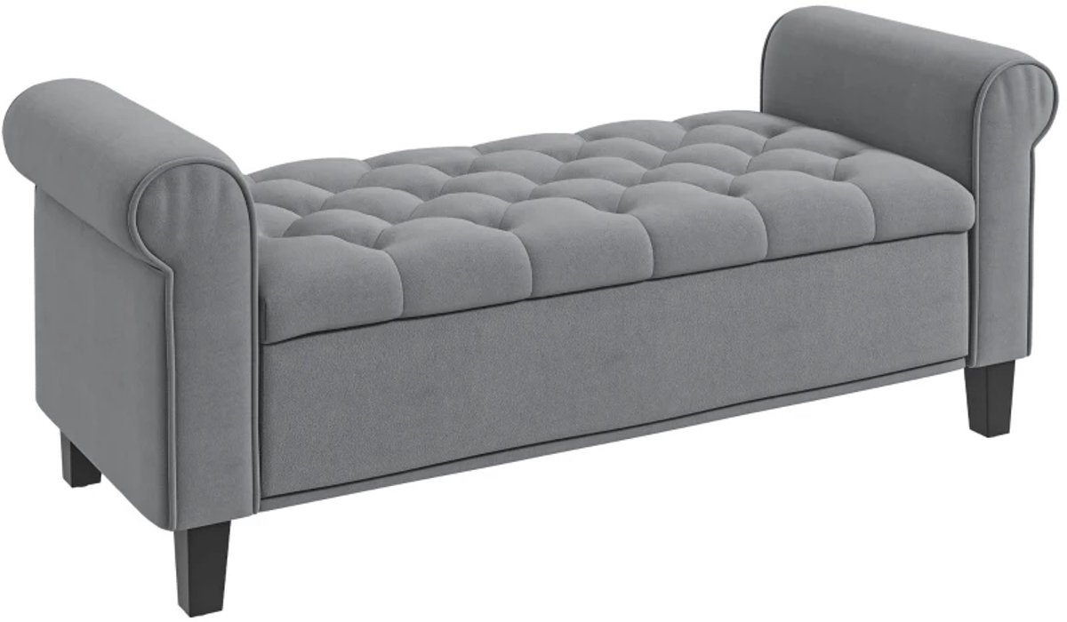 Bankje - Gestoffeerde Bedbank - Knoopstiksel - Fluwelen Look - 126 x 48,5 x 57 cm - Grijs