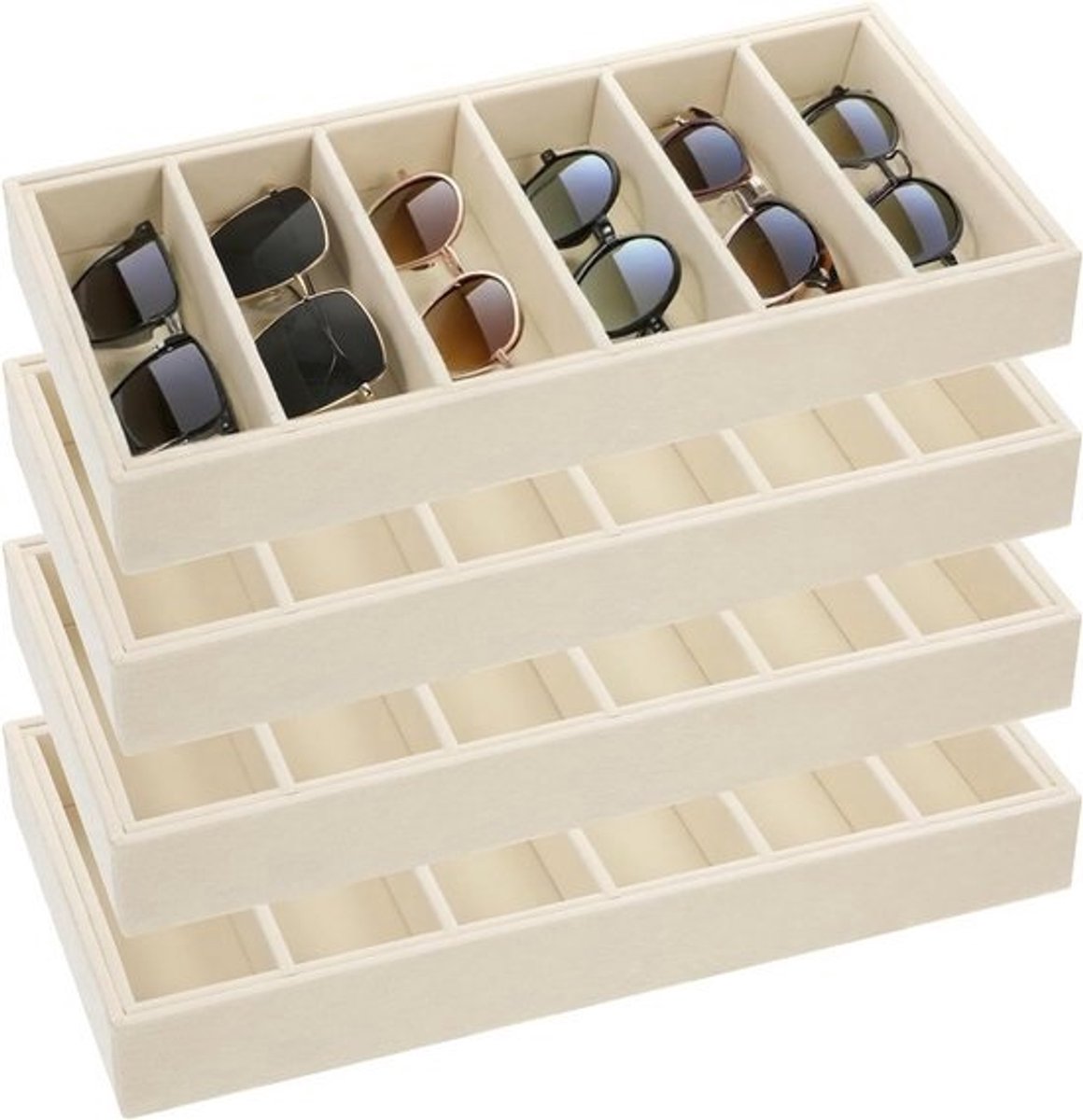 Zonnebril Organizer met 6 Roosters - Fluwelen Lade voor Sieraden en Accessoires - Stapelbare Display Organizer (Beige)