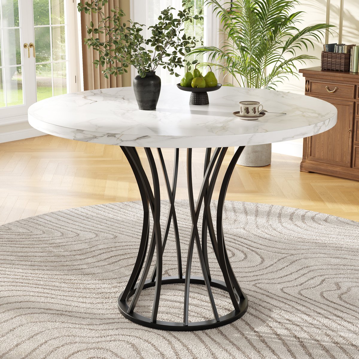Wishdor Eettafelset - 5-delig met 4 stoelen - Ronde tafel en verstelbare voet - Modern - Keuken eetkamer - Hout en metaal - Wit marmerlook, zwart en grijs - 80 x 80 x 76 cm
