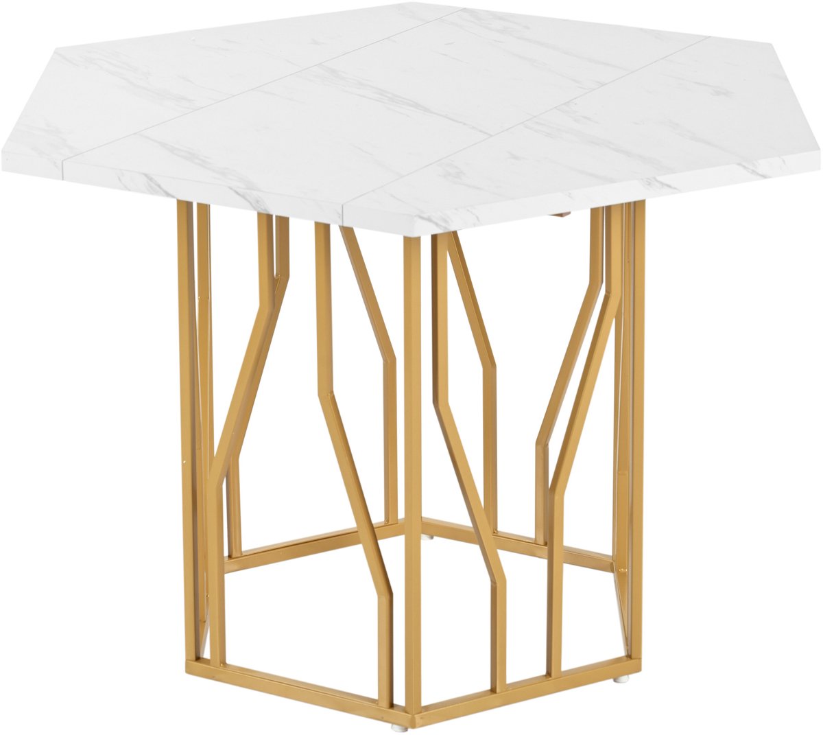 Wishdor Set tafel en stoelen - 5-delige set - Zeshoekige marmertafel met 4 zwarte fluwelen stoelen - Modern eetkamer woonkamer - Hout en metaal - Zwart goud wit - 115,5 x 100 x 75 cm