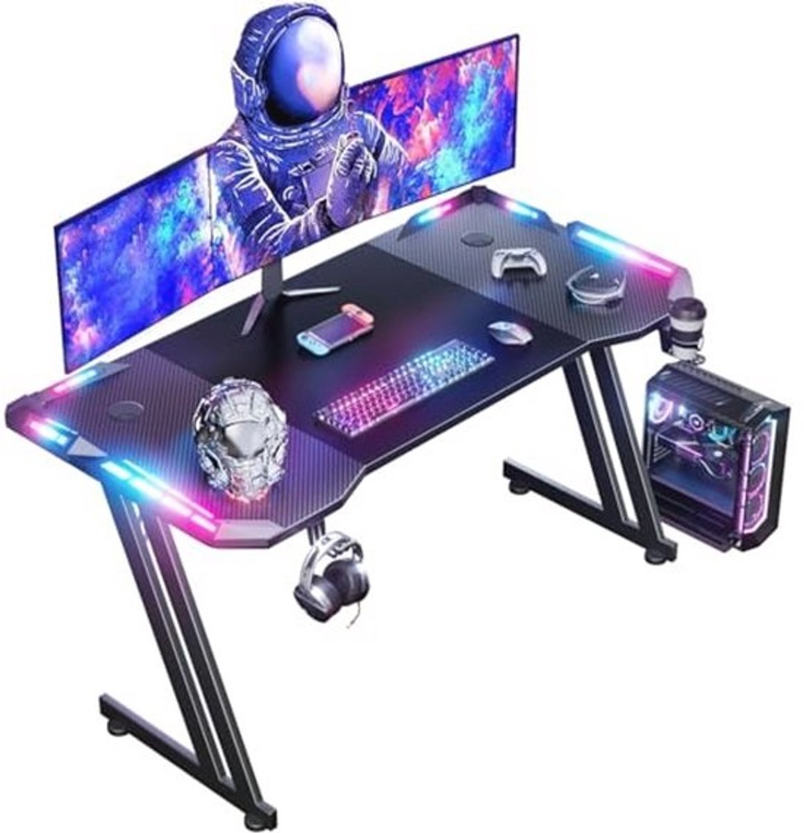 Gaming Bureau 120 x 60cm met LED Verlichting, Ergonomische Z-vormige Computertafel voor Studie en Spel, Inclusief Bekerhouder en Hoofdtelefoonhaak, Zwart