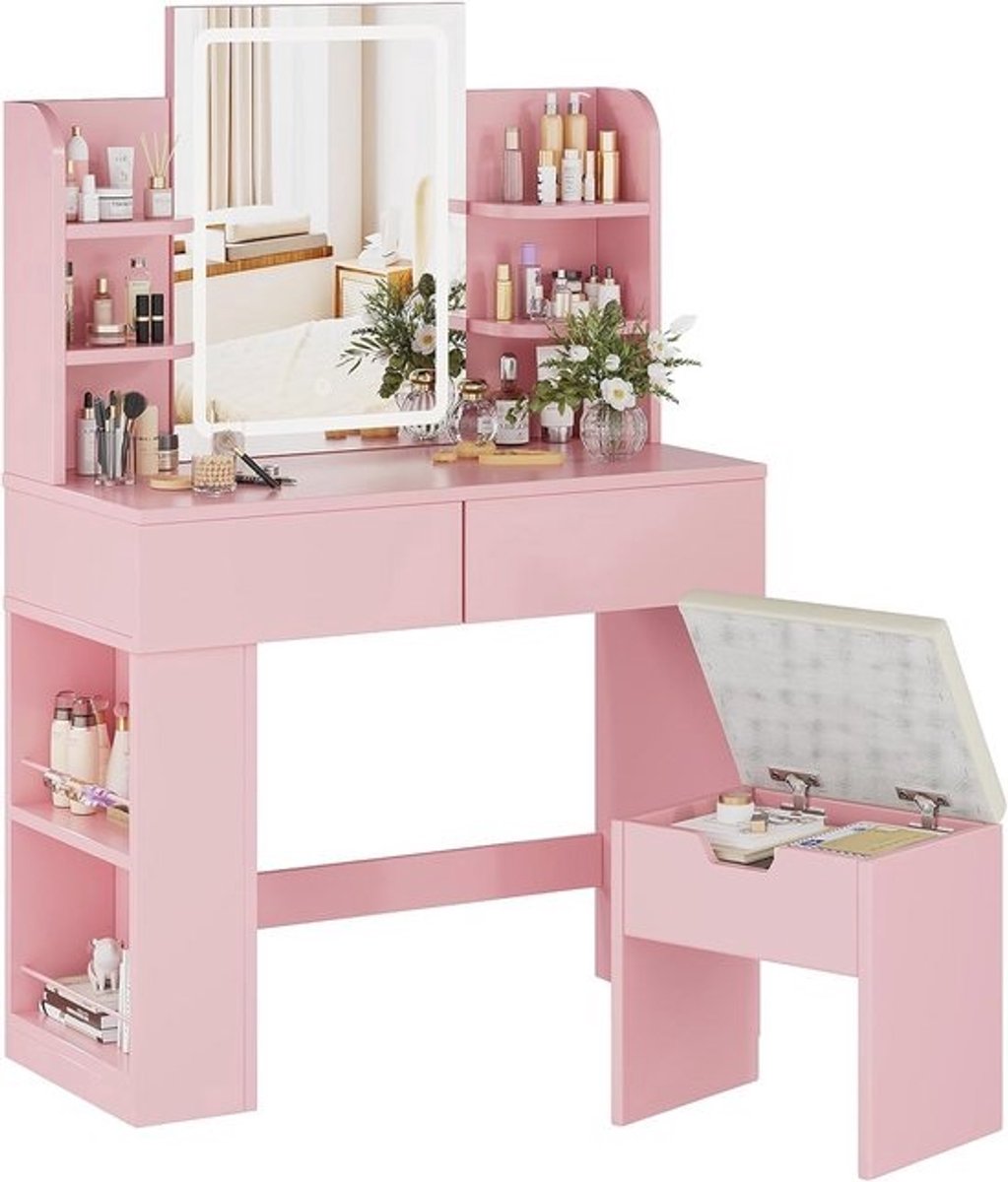 Kaptafel met spiegel en LED-verlichting, make-up tafel met opbergladen en verstelbare helderheid (Roze)