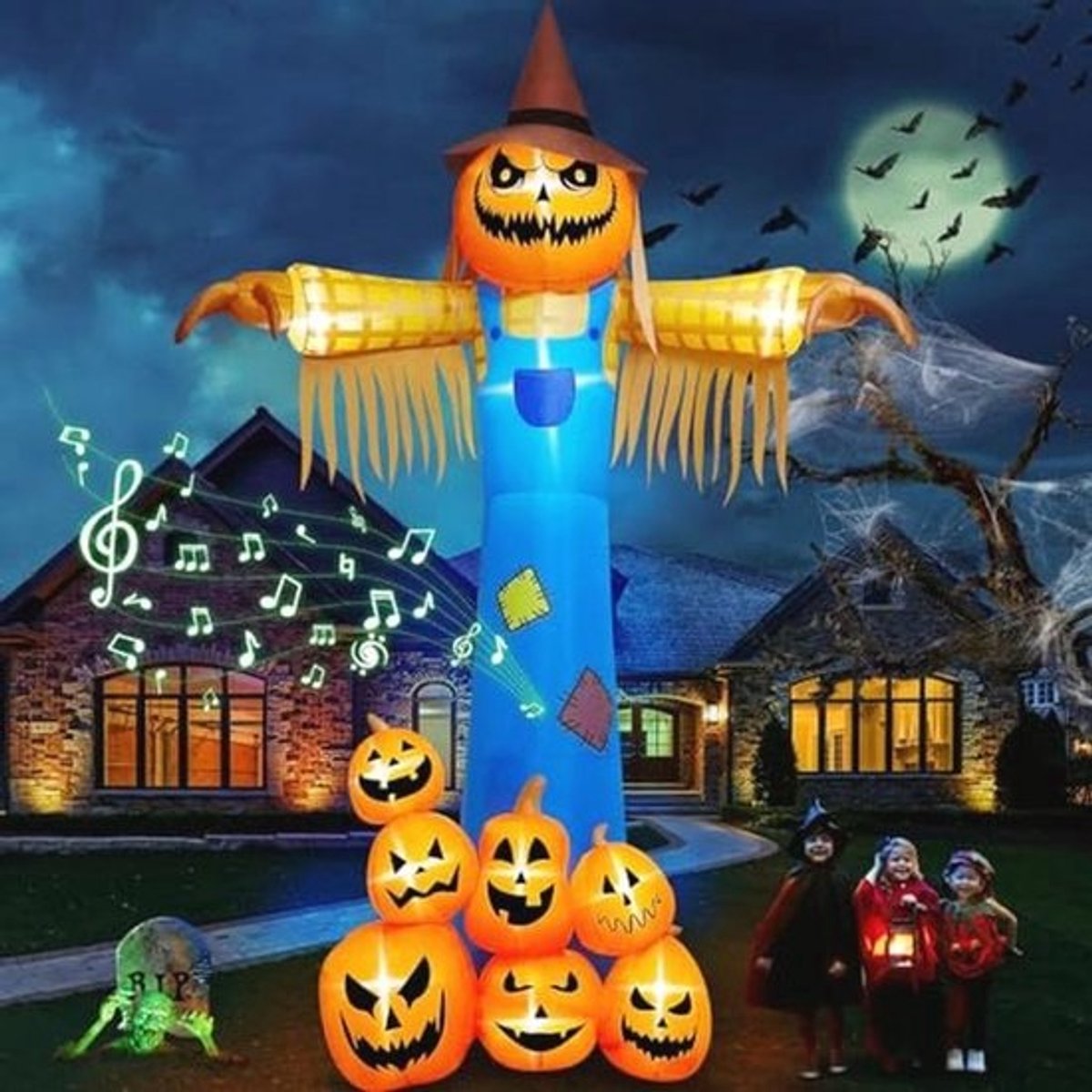 Opblaasbare Halloween Pompoen Vogelverschrikker met Muziek en LED Verlichting - 12,5 FT Tuindecoratie
