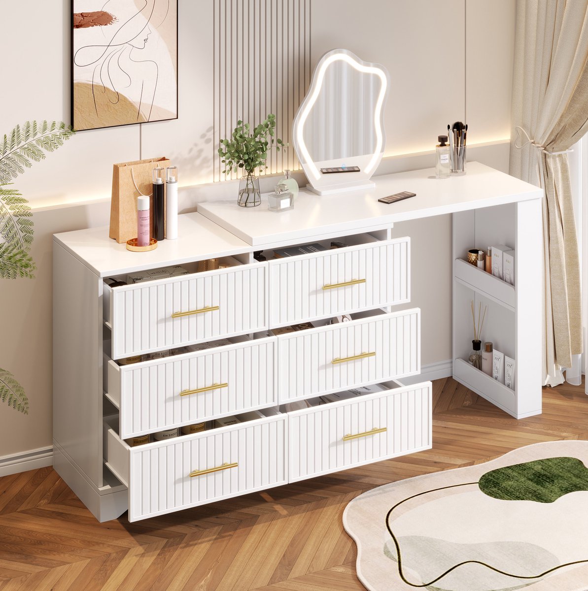REDOM - Kaptafel - draaibaar L-vormig ontwerp - LED-verlichting met verstelbare helderheid - Modern - Slaapkamer en kantoor - Spaanplaat - Wit en goud - 110 x 40 x 129 cm