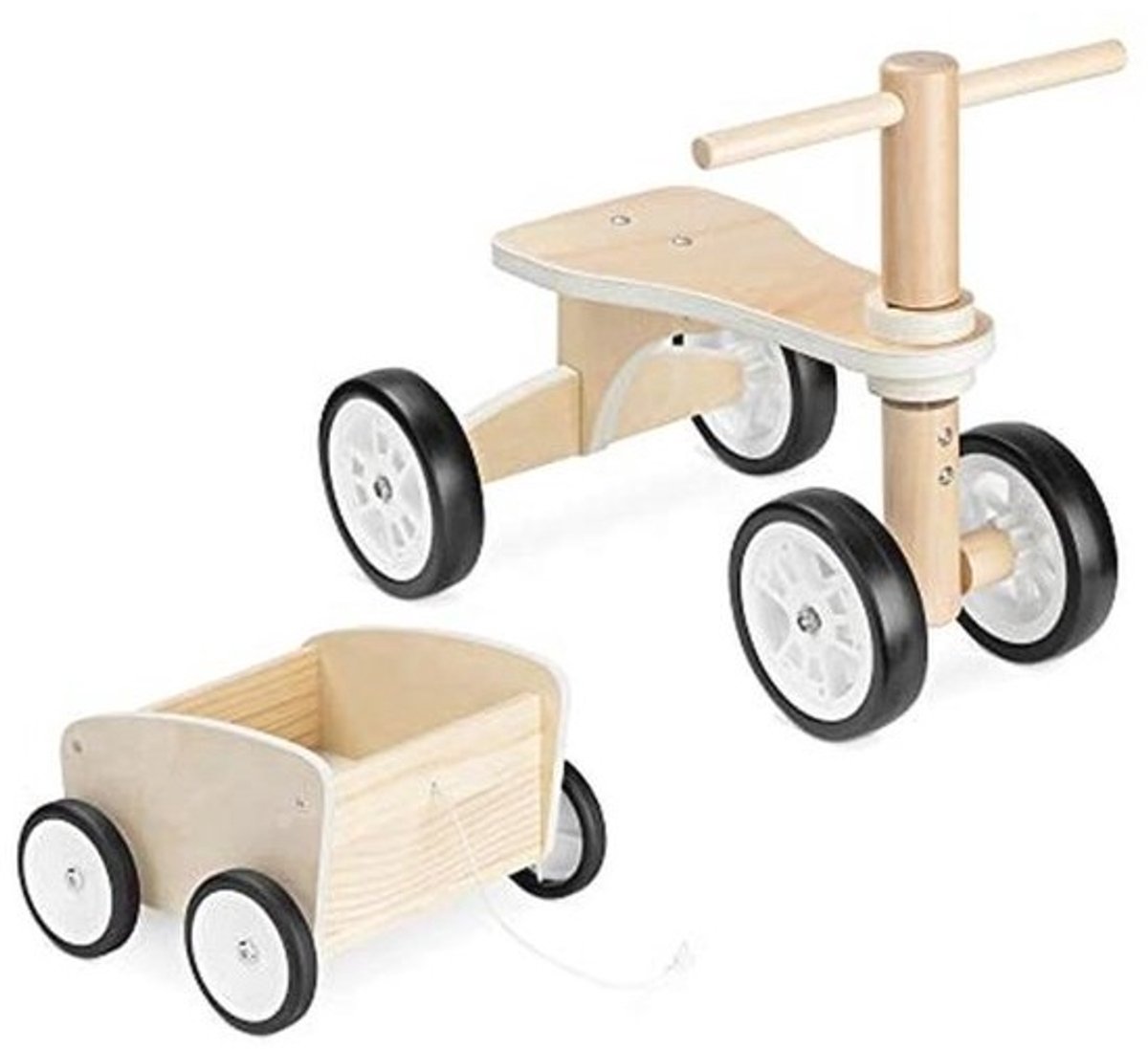 Navaris wooden balance bike with trailer - Toddler bike made of wood with 4 wheels - From 18 months - For boys and girls