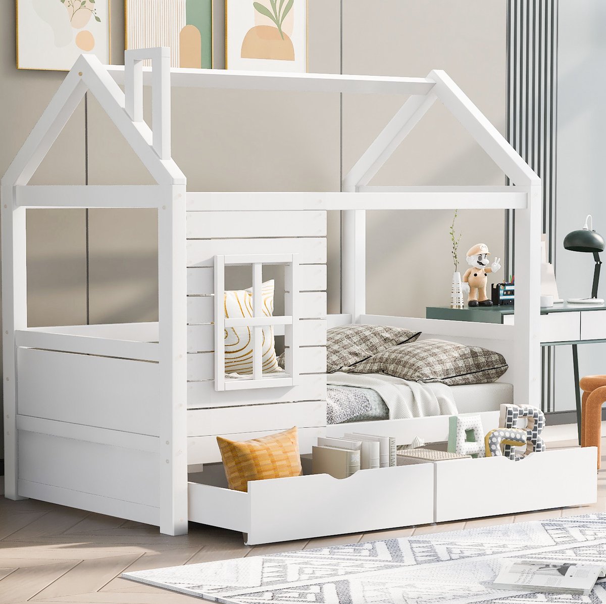 Wishdor Kinderbed 80x160 cm - Huisbed met uitvalbeveiliging - Lattenbodem en 2 opberglades - Raamdesign - Kinderkamer slaapkamer - Hout - Wit