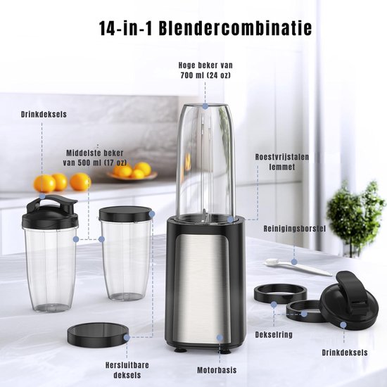 KIRA® Blender - Blender met 3 Draagbare Mengbekers - Krachtige Mini Mixer - Zwart en Zilver - 13cm x 19cm x 39cm van Kira — afbeelding 2