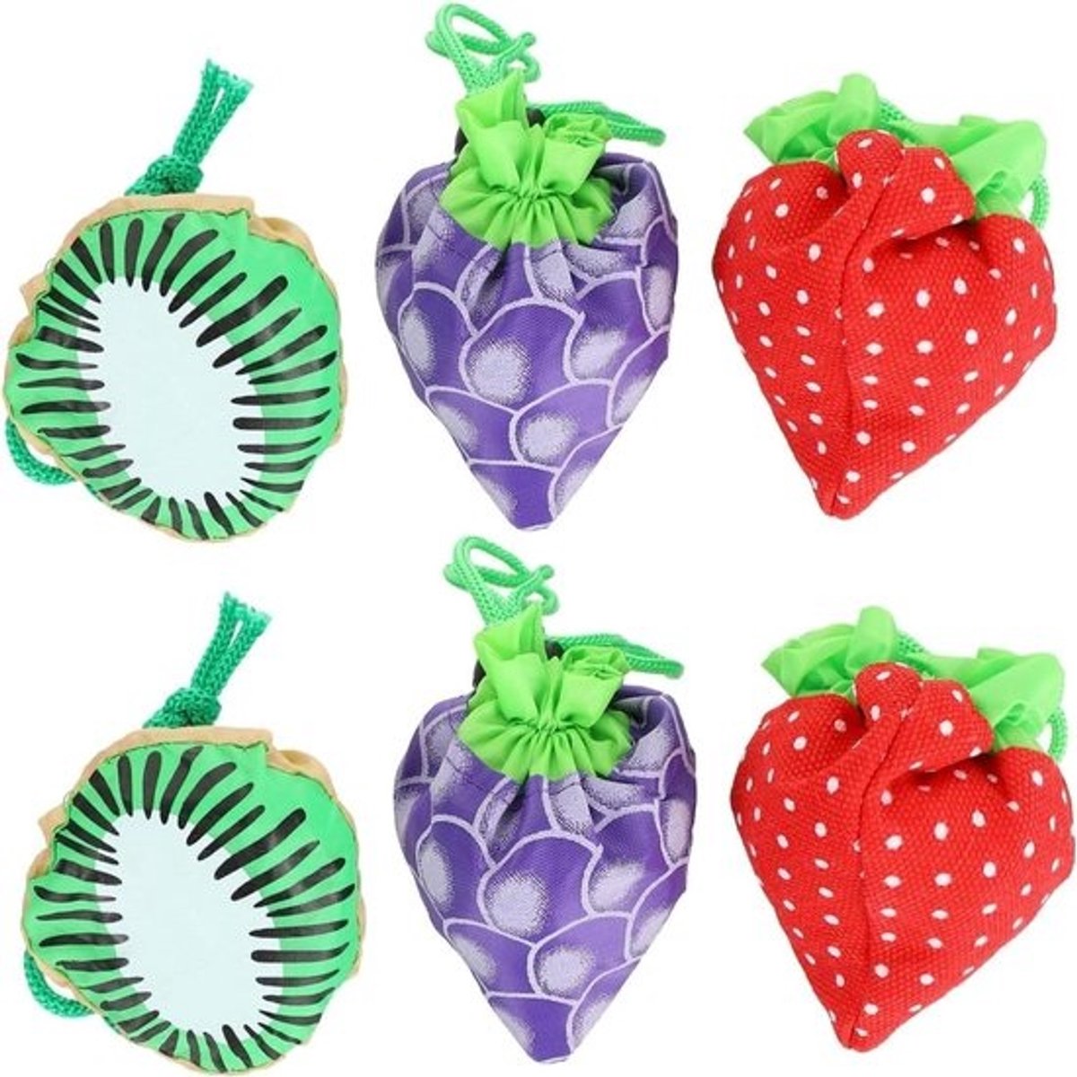 Opvouwbare boodschappentas fruitopbergtas - 6 stuks - polyester - aardbeien - druif - kiwi - rood - groen - paars.