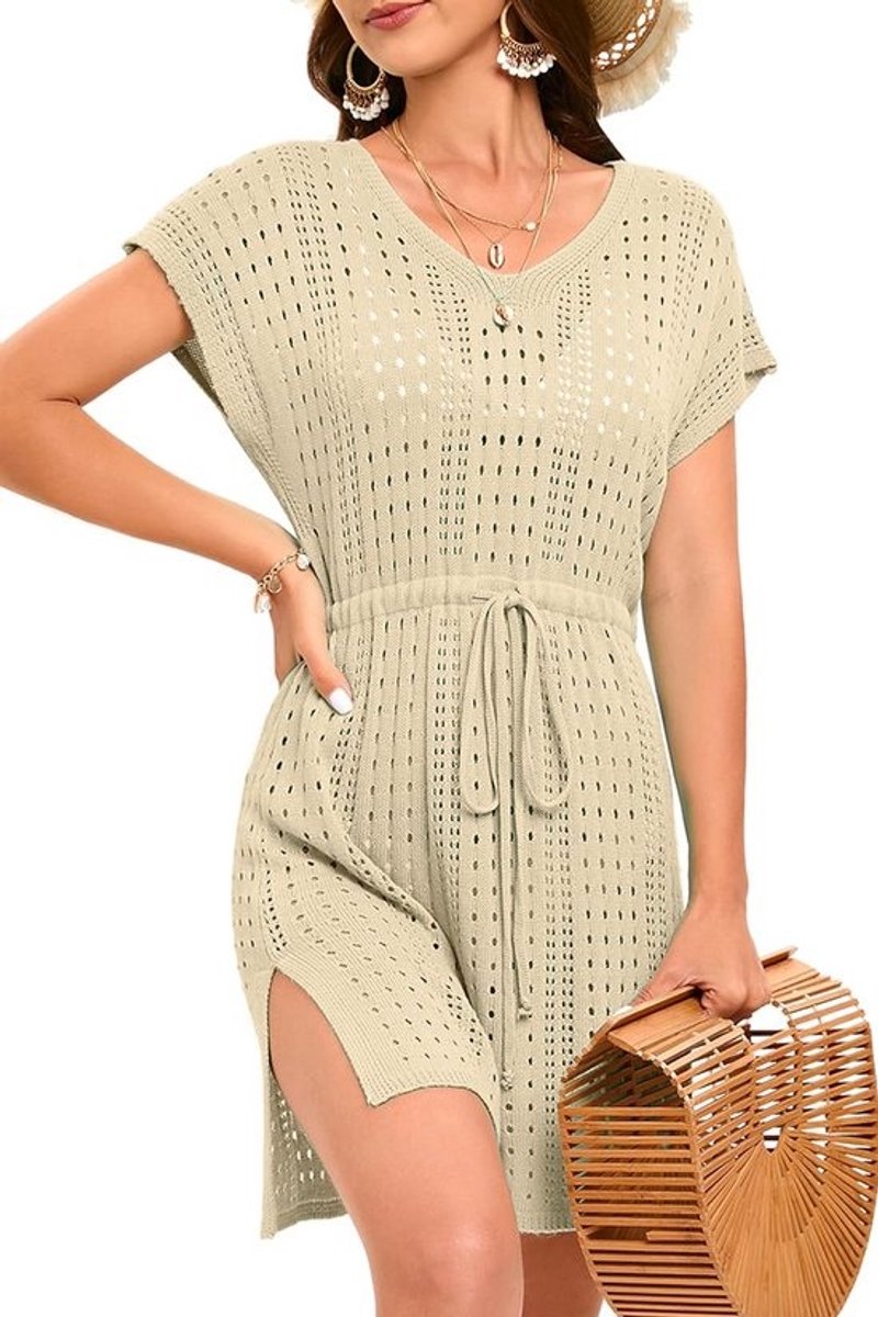 Sexy Gebreide Strandjurk met Zijsplit en Strikceintuur