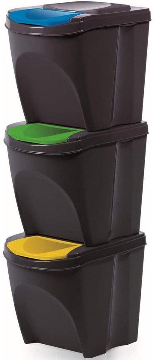 Stapelbare Afvalbakken Set 3x20L Antraciet - Scheidingssysteem voor Recyclebaar Afval