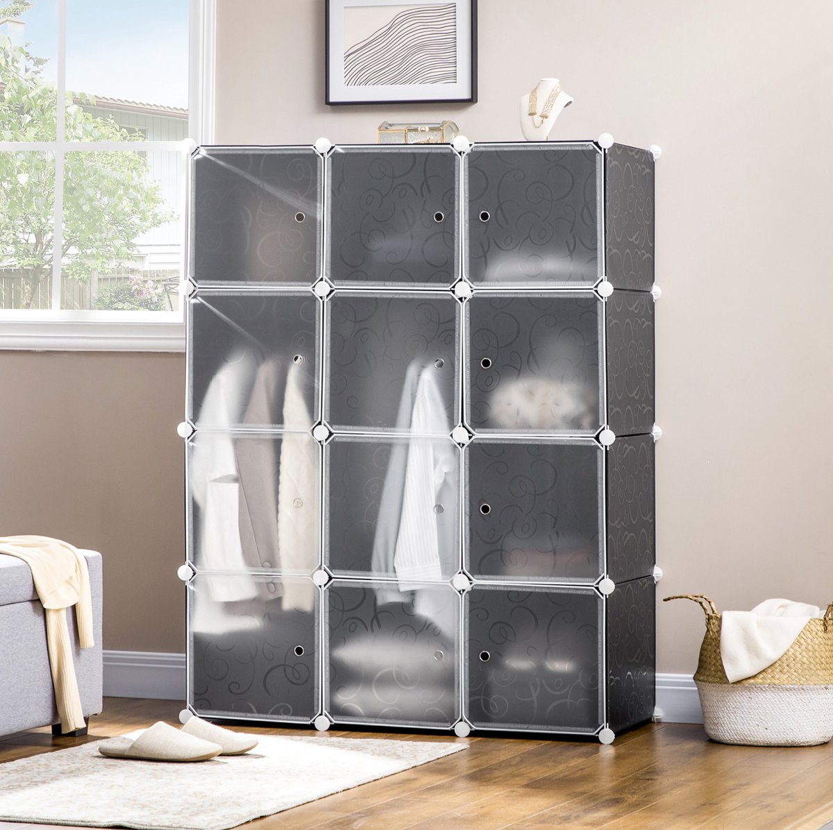 DESMIU Kledingkast Modulaire Garderobekast Met Kleerhanggedeelte En Opbergruimte Voor Slaapkamer En Hal Kunststof Zwart 111x47x145 Cm