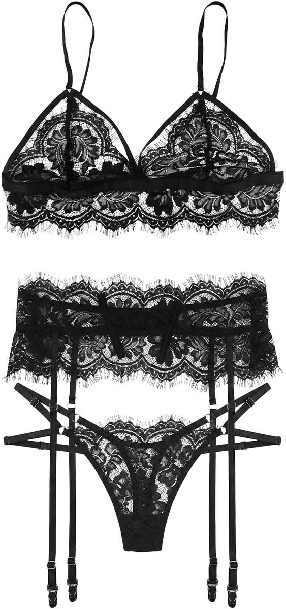 Elegante 3-Delige Lingerieset voor Dames met Transparante Bloemenkant, Beugelbeha, Mesh Slip en Jarretelgordel, V-hals, Zwart, XL - Perfect voor Romantische Avonden en Speciale Gelegenheden