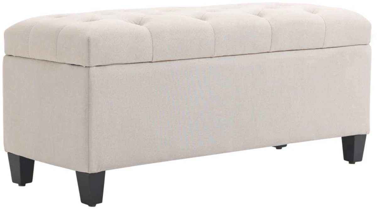 Bankje - Met Opbergruimte - Gestoffeerde Bank Met Linnenlook - Kist Met Houten Poten - Kistbank Voor Woonkamer, Slaapkamer En Hal - 100 x 40 x 44 cm - Crèmewit