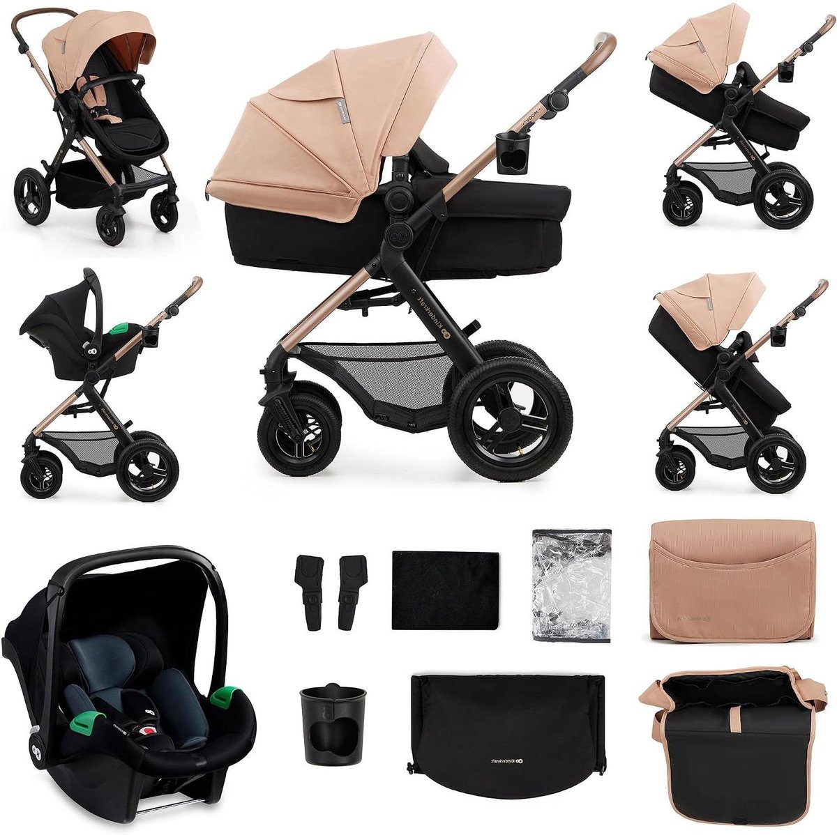 Kinderwagen 3-in-1 - Reiswieg Buggy - Vanaf geboorte reizen - Verstelbare zitting duwbeugel - Tot 27 kg - Beige