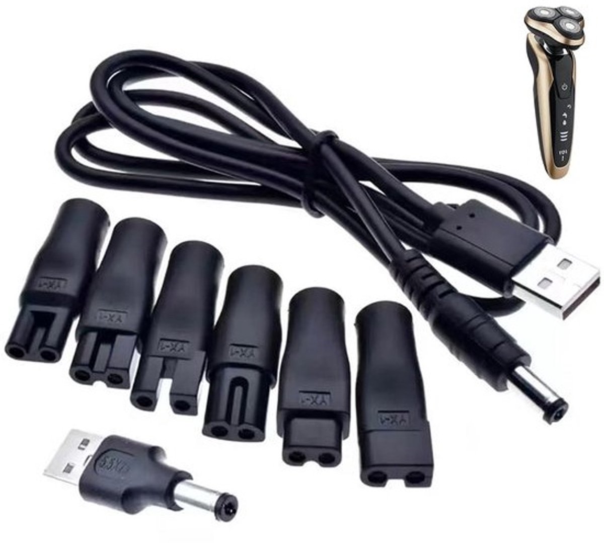 Universele USB Oplader Kabel met 6 Adapters voor Scheerapparaat, Trimmer en Meer
