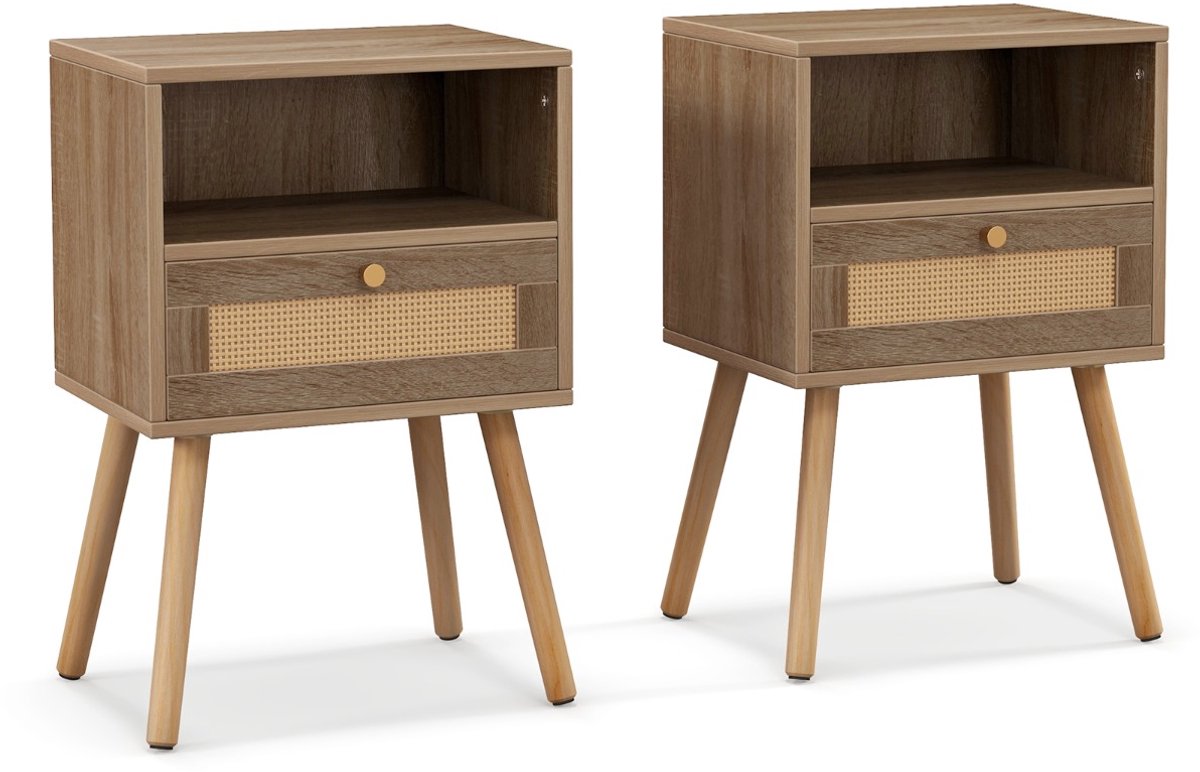 SureDeal® - Nachtkastje - Rotan - Lade - Open Vak Bijzettafel - Massief Houten Poten - 40x30x60,5 cm - Natuurlijk