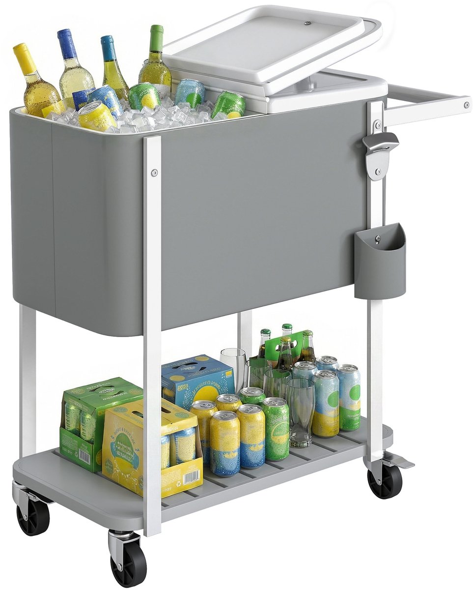 Koelwagen met wielen - flesopener - onderste plank en handvat - geschikt voor 56 liter - verrijdbaar - grijs.
