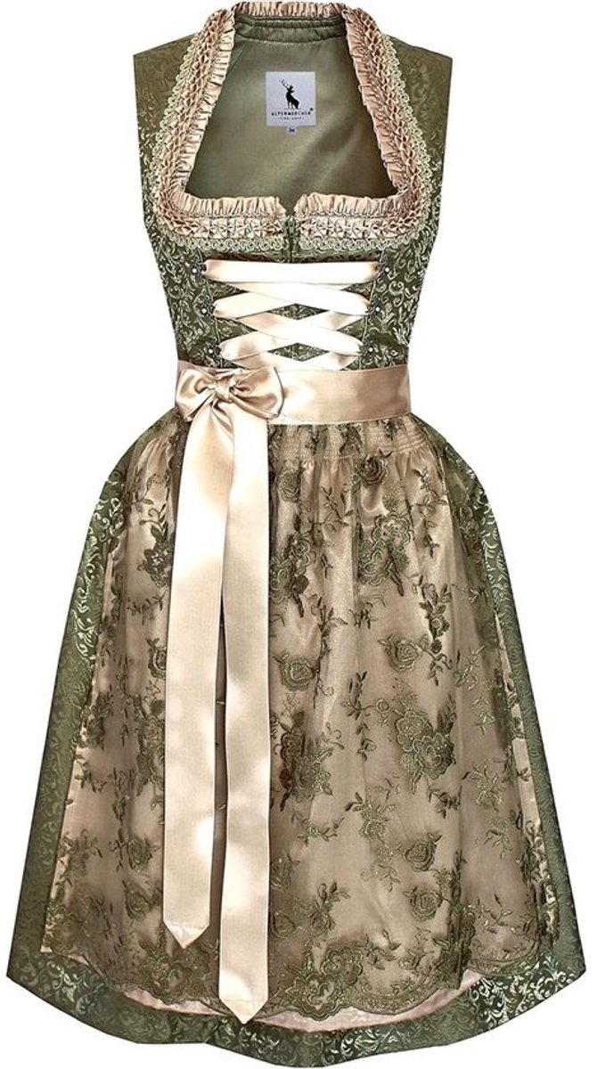 Elegante Groene Midi Dirndl Jurk met Kant Schort | Traditionele Oktoberfest Kleding