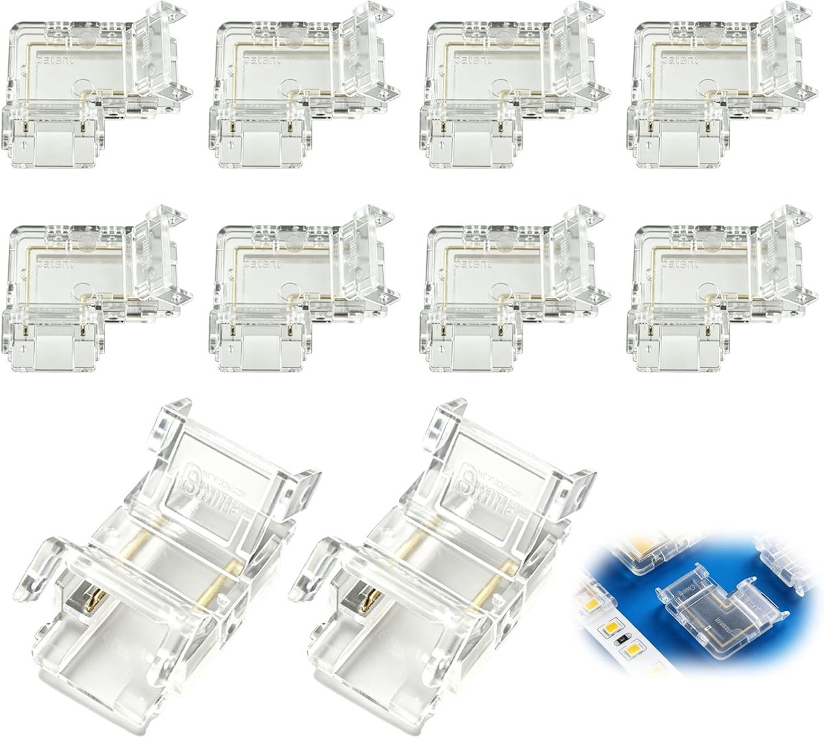 10 x L-vormige LED Strip Connector Set, 2 Pin 8 mm, Solderloze Verbinding, Hoekadapter en Transparante Connector voor Naadloze LED Strip Aansluitingen