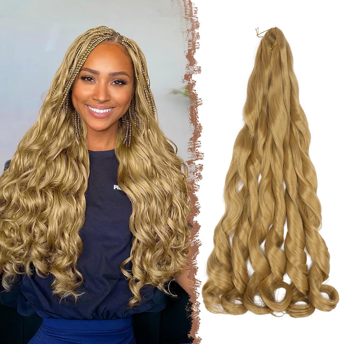 French Curls Haar Extensions - 3 Packs Losse Golf Bouncy Haar - Lange Krullende Vlecht Haarstukken voor Vrouwen, 60cm Gouden Bruin, Perfect voor Diverse Stijlen en Gelegenheden