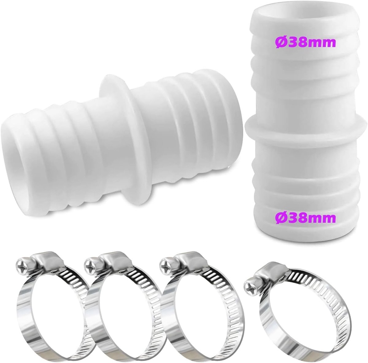 Hose Connector 38 mm Set van 4 RVS Slangklemmen voor Witte Zwembadslang, Slangadapter en Dubbele Slanguitgang