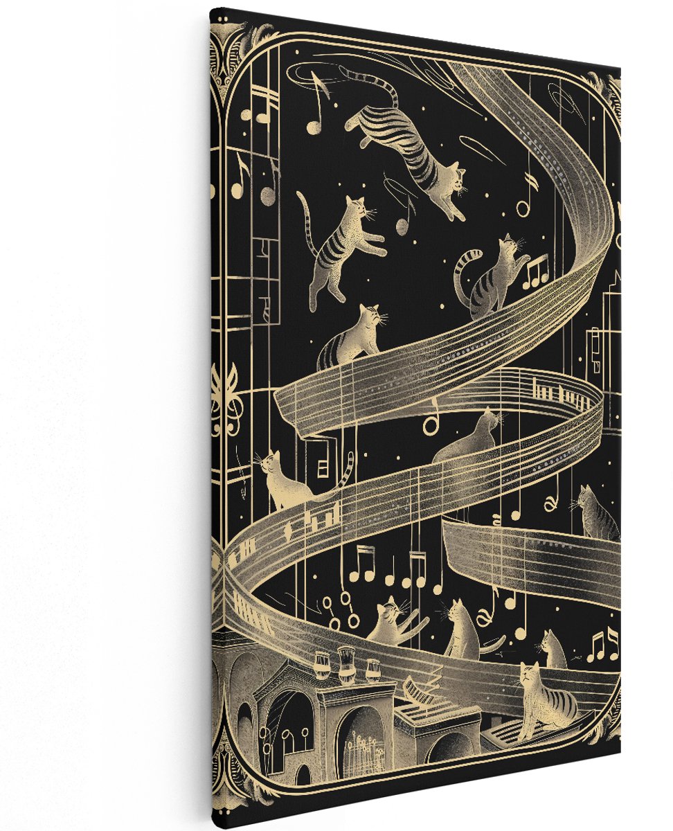 Artaza Canvas Schilderij Katten - 120x180 cm - Groot - Wanddecoratie Muziek - Muurdecoratie Zwart Goud - Decoratie Vintage Art Deco