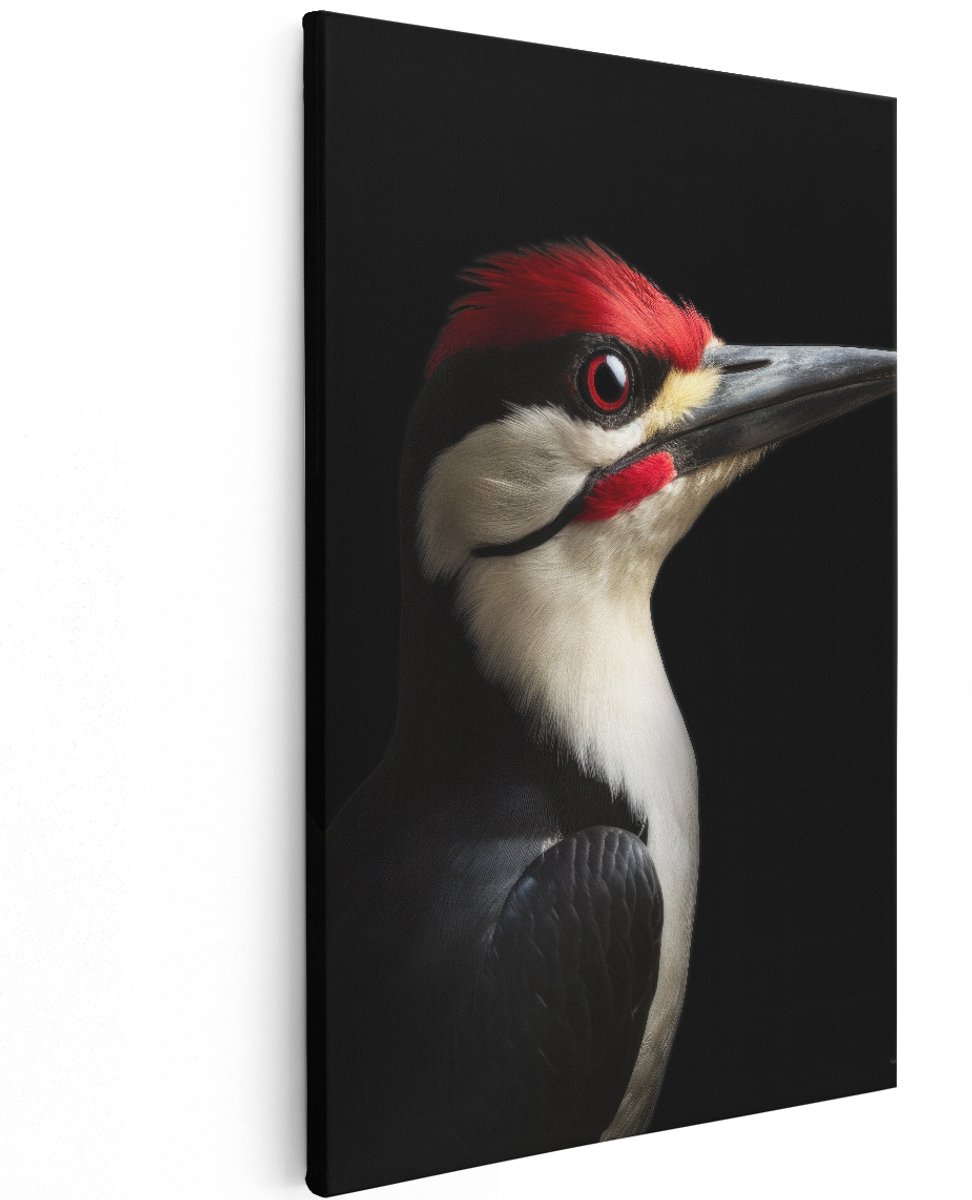 Artaza Canvas Schilderij Specht - 120x180 cm - Groot - Wanddecoratie Vogels - Muurdecoratie Dieren - Decoratie Zwart - Rode Kuif