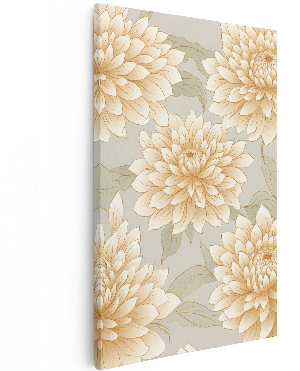 Artaza Canvas Schilderij Bloemen - 120x180 cm - Groot - Wanddecoratie Dahlia - Muurdecoratie Beige - Decoratie Woonkamer - Goud