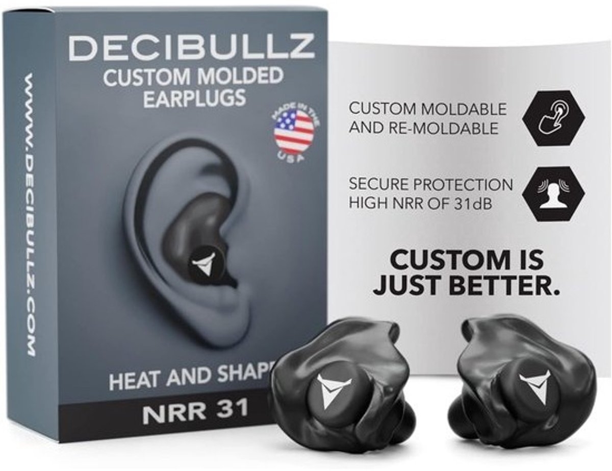Decibullz Custom Molded Earplugs Zwart - Comfortabele Gehoorbescherming met 31dB Demping voor Slaap, Concert, Werk en Sport - 3 Maten Oordopjes met Opbergetui - Made in USA
