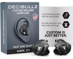 Decibullz Custom Molded Earplugs Zwart - Comfortabele Gehoorbescherming met 31dB Demping voor Slaap, Concert, Werk en Sport - 3 Maten Oordopjes met Opbergetui - Made in USA
