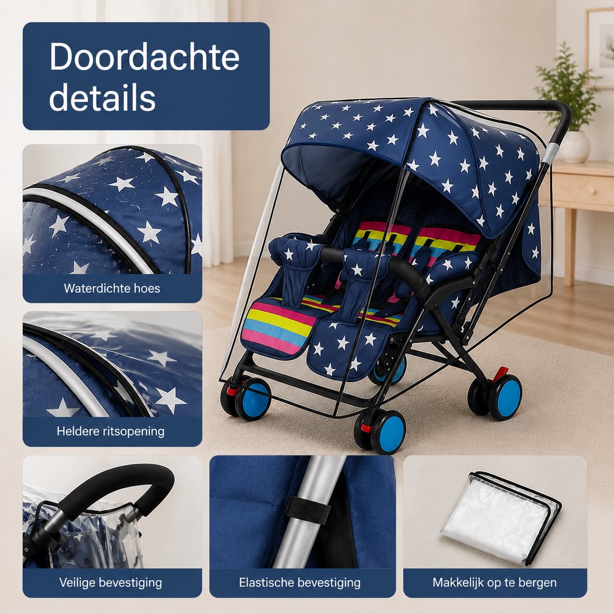 BOTC Regenhoes tweelingwagen - Regenhoes Kinderwagen - Regenscherm voor dubbele Buggy en Kinderwagen – foto 8