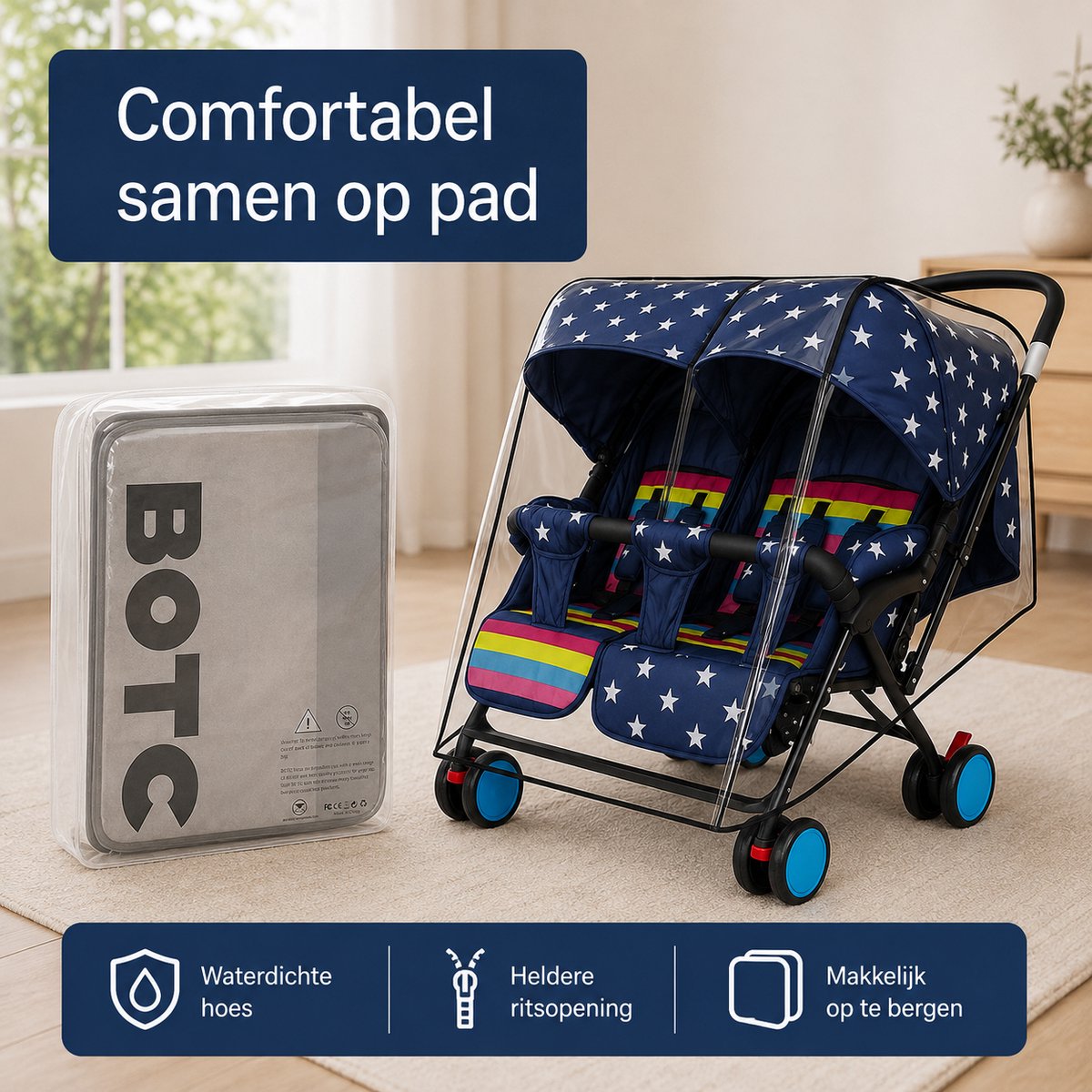 BOTC Regenhoes tweelingwagen - Regenhoes Kinderwagen - Regenscherm voor dubbele Buggy en Kinderwagen – foto 7