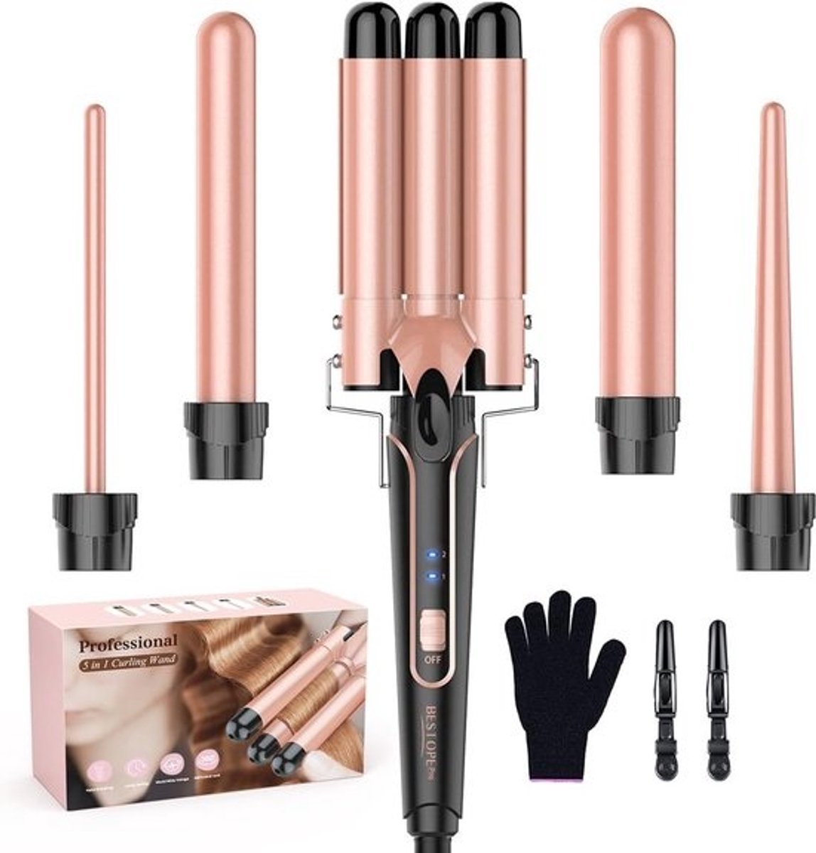 Krultang 5-in-1 met 3 Vaten voor Grote Golven - Temperatuurinstelling en Snelle Opwarming
