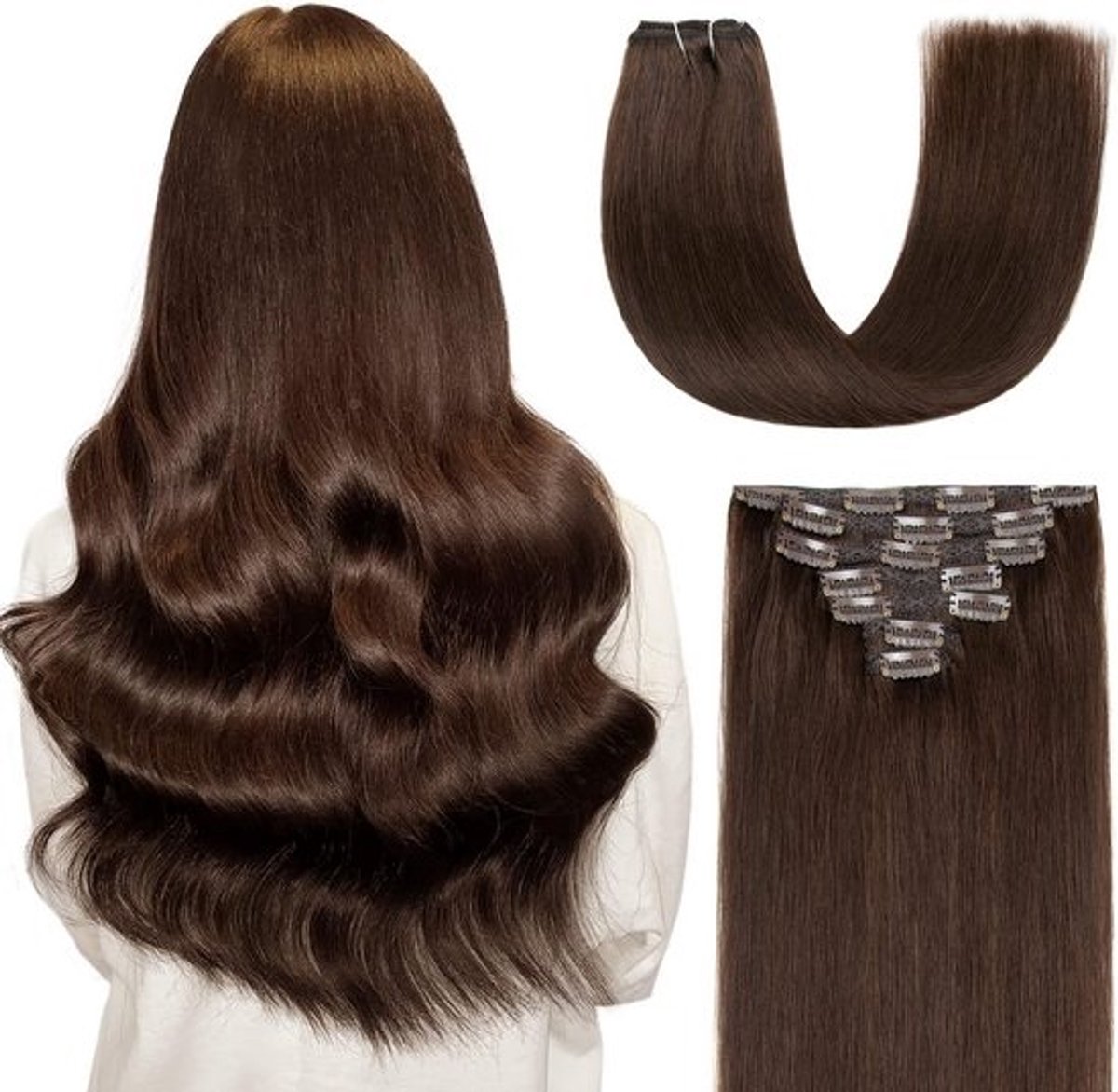 Clip-in Haarverlenging 100% Echt Haar 45 cm Donkerbruin 7 Delen 120g