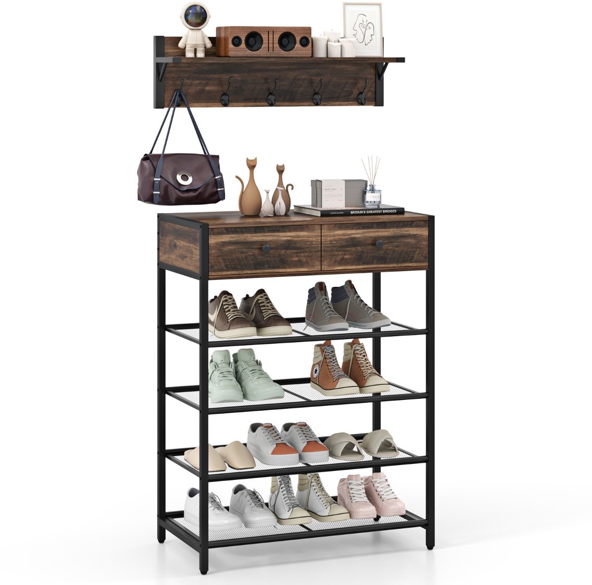 SureDeal® - Kapstok - Kapstok - Schoenenrek Laags Schoenenrek - Muur Bevestigde Kapstok - Haken Laden - Planken - 64x35x86 cm - Bruin