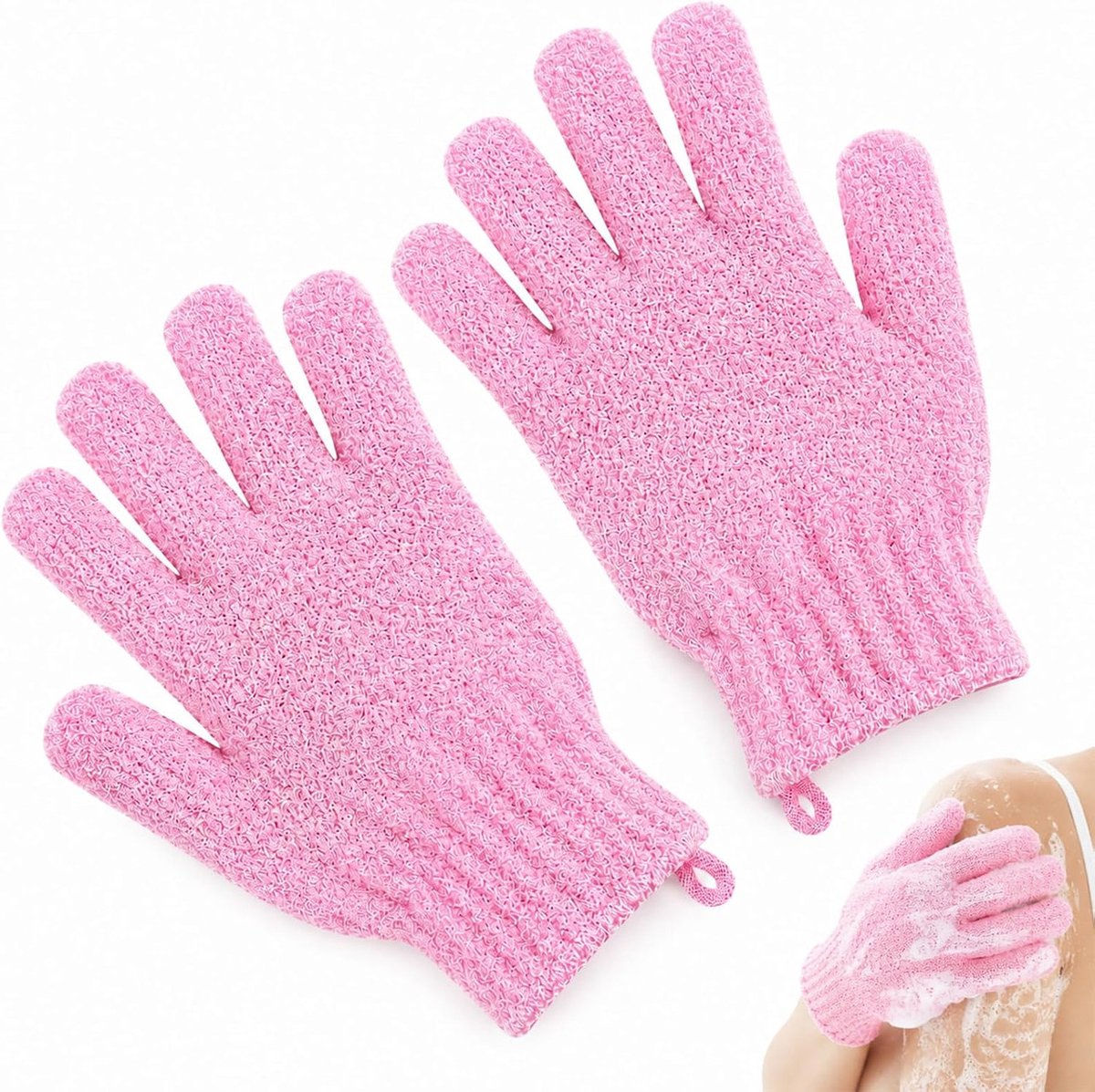 Exfoliërende douchehandschoenen - Zachte scrubtextuur voor dode huidcellen en zelfbruiner - Roze met ophanglus - 1 paar voor bad en spa