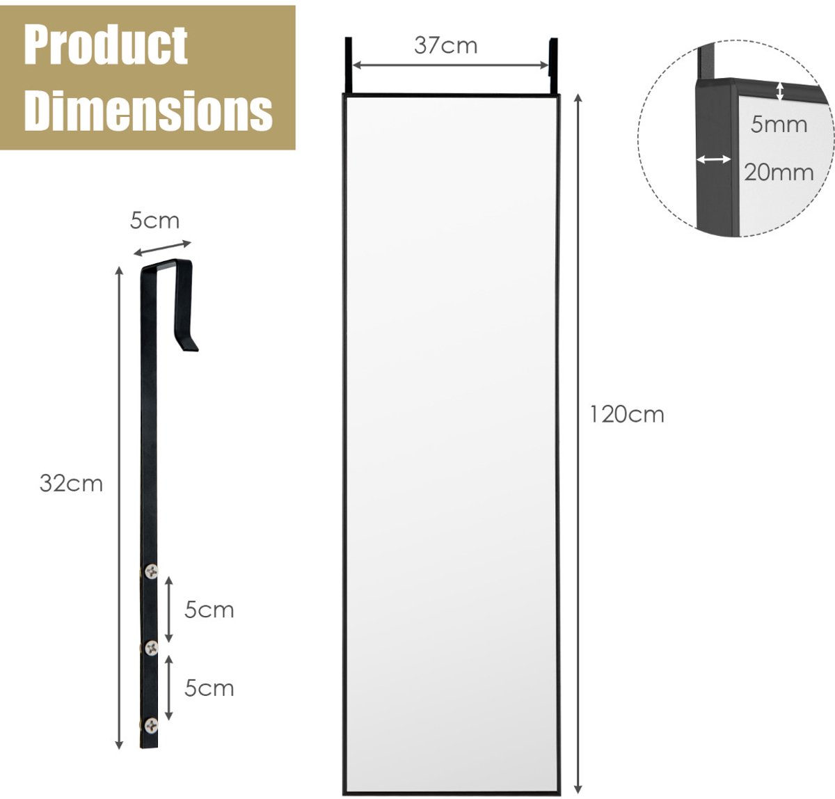 SureDeal® - Wandspiegel - Over Deur Spiegel - Aluminiumlegering Hangen Muur - Deur Zwart - 120x37x2 cm - Zwart