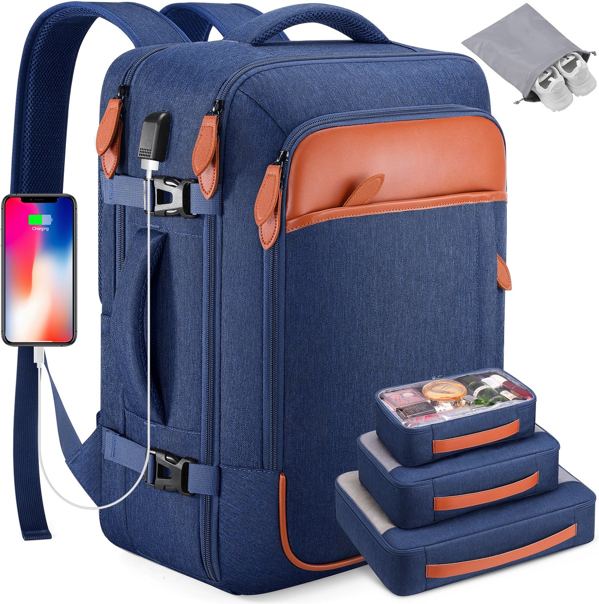 Wishdor Uitbreidbare reisrugzak 40L - Met 4 inpakblokken en USB poort - Laptopvak 17 inch en anti-diefstal - Voor handbagage en reizen - Polyester - Blauw - 50 x 32 x 12 cm