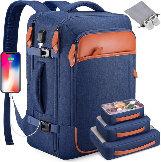 Donkerblauwe rugzak met bruine lederen accenten, USB-poort, opbergzakjes en een transparant make-uptasje.