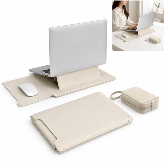 Beige 3-in-1 laptophoes, muismat, laptopstandaard en opladertui. Inset toont vrouw die het product gebruikt.