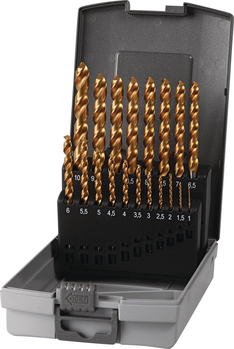 Spiraalboorset DIN 338 type UNI D.1-10x0,5mm HSS-Co TiN 19-dlg.kunststofcassette TECWERK